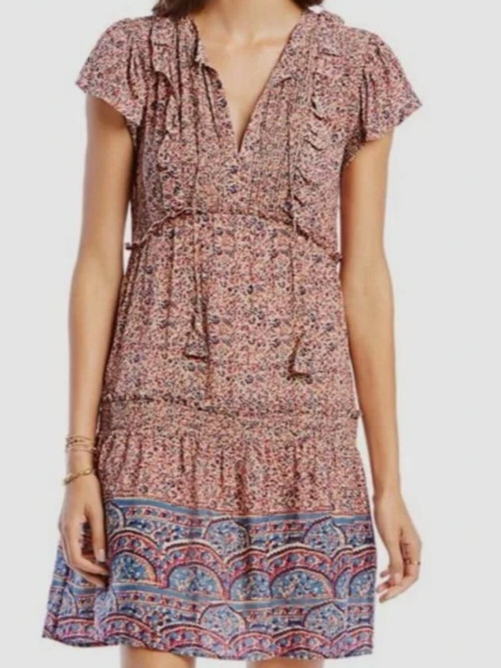 LINI Sadie Ruffled Pintuck Dress Pink Blue S